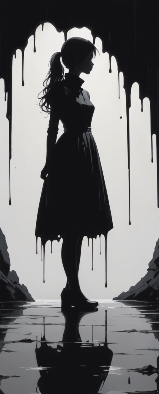 Silhouette of a Thoughtful Girl: Stark silhouette, minimalistic rendering, the girl's figure against a dramatic backdrop.,dripping paint