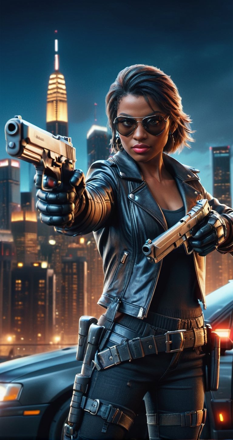 A woman in a black leather jacket and gloves stands in front of a city skyline at night. She is holding a gun and a helmet and is wearing sunglasses. She is standing in front of a car.,dual pistols