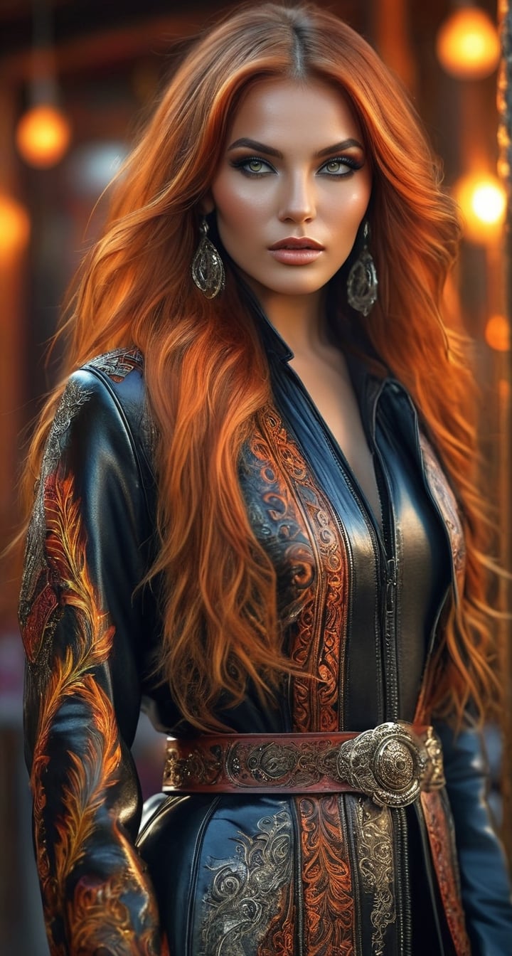 Very beautiful woman of perfect text "Great",perfect eyes and face features,fashionable leather glossy outfit with art engraved design,long fire hair,body art,cinematic,over-detailed,atmospheric portrait,focus on details,
dramatic lighting,realistic rendering,128K,HDR,BLENDER 3D,Qftan