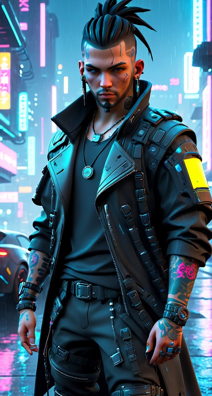 Sleek and Futuristic 3D Game Character Model**: Meet the cyberpunk mercenary, complete with sleek cyber-enhancements, neon tattoos, and a dramatic, rain-soaked urban backdrop.
