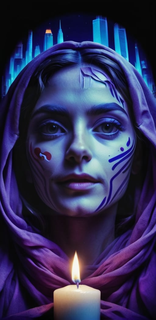  The image is a digital artwork featuring a woman's face emerging from a cityscape, surrounded by a purple and blue hue, with a lit candle in the foreground.
