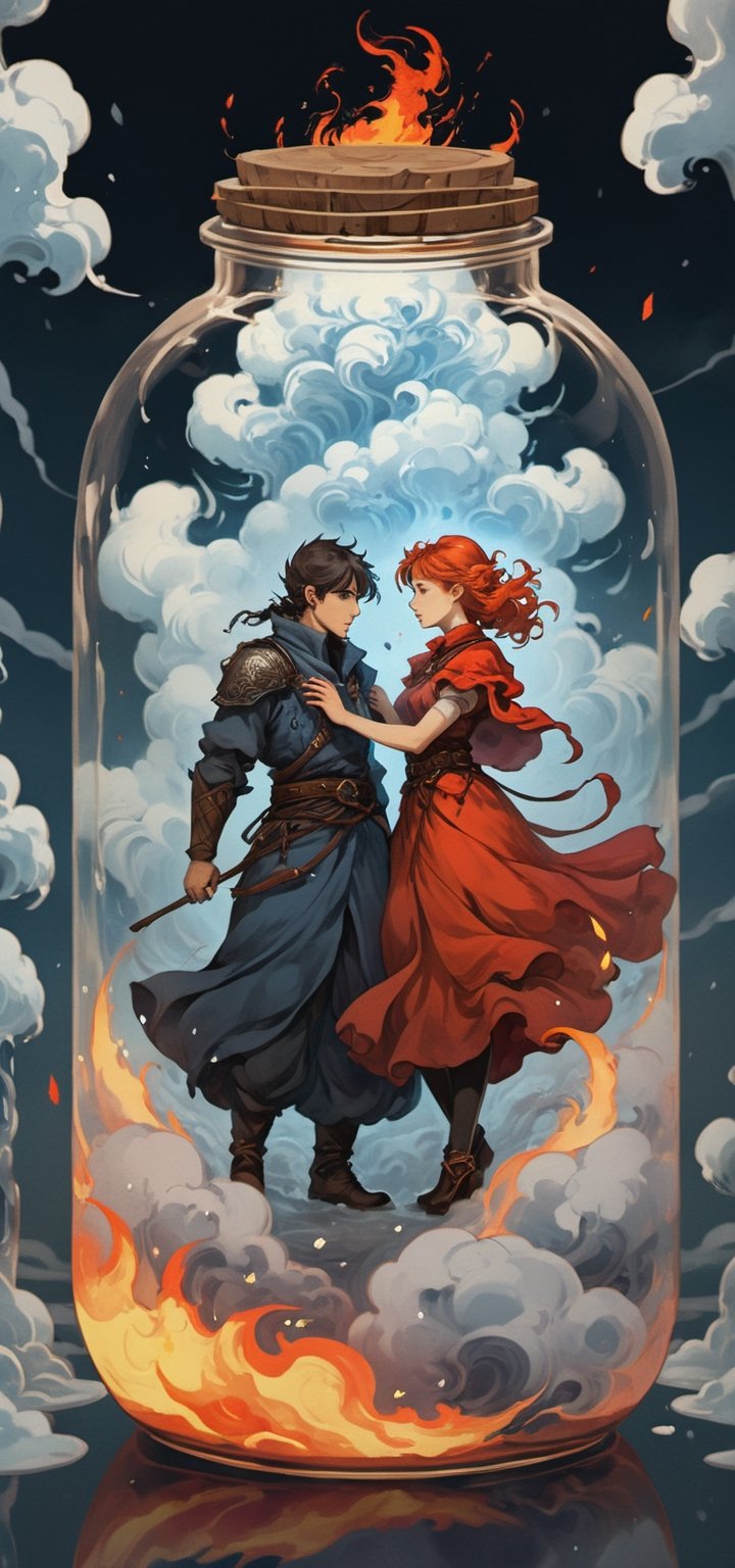 In the style of "Post-Punk": A post-punk-inspired illustration of Svetlana Surganova and Egor Letov, embracing the rebellious spirit of the genre.
,in a jar,ice and water,Fire Emblem,mythical clouds,casting spell