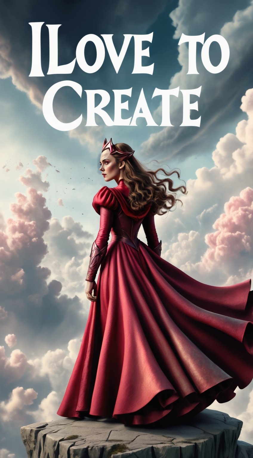 (( The text on the "I LOVE TO CREATE" )) ,Design a portrait of ( Scarlet Witch ), in the style of Anton Pieck, with romantic lighting and gentle shadows, vintage tones and dreamy compositions, back view intensity, epic clouds and mercury blending shot,Masterpiece,better photography,Text,text as "", 3D SINGLE TEXT