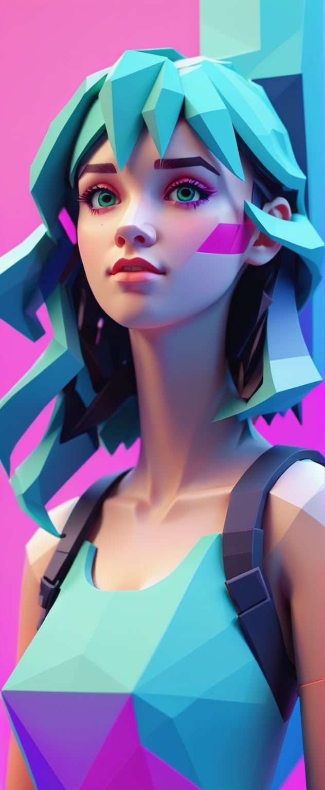 Low-Poly Girl in a Digital World**: A low-poly girl character navigating a digital landscape with blocky, jagged aesthetics.
,vaporwave style,3d style
