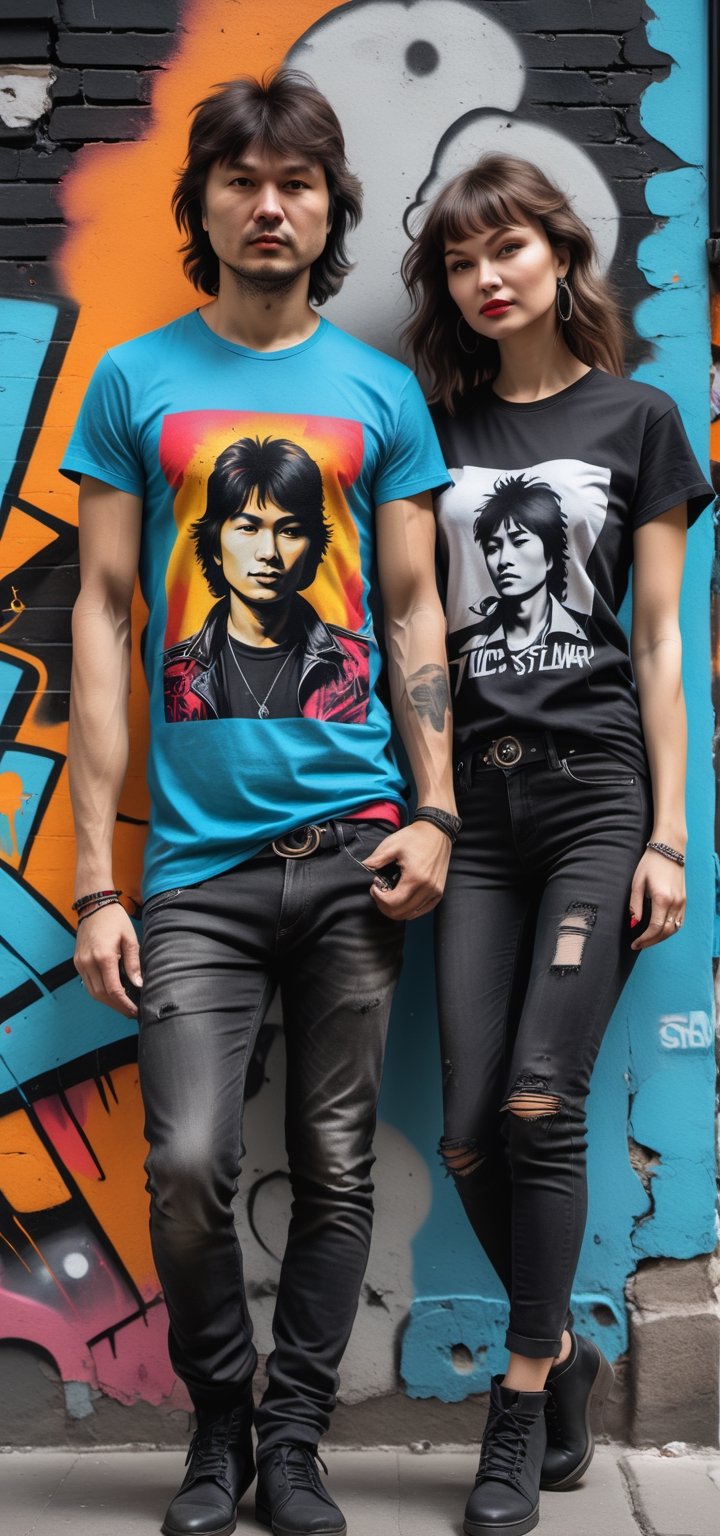 In the style of "Street Art": A street art-inspired mural of Svetlana Surganova and Victor Tsoi, bringing the spirit of the streets into the artistic realm.
,tshirt design,detailmaster2,retropunk style