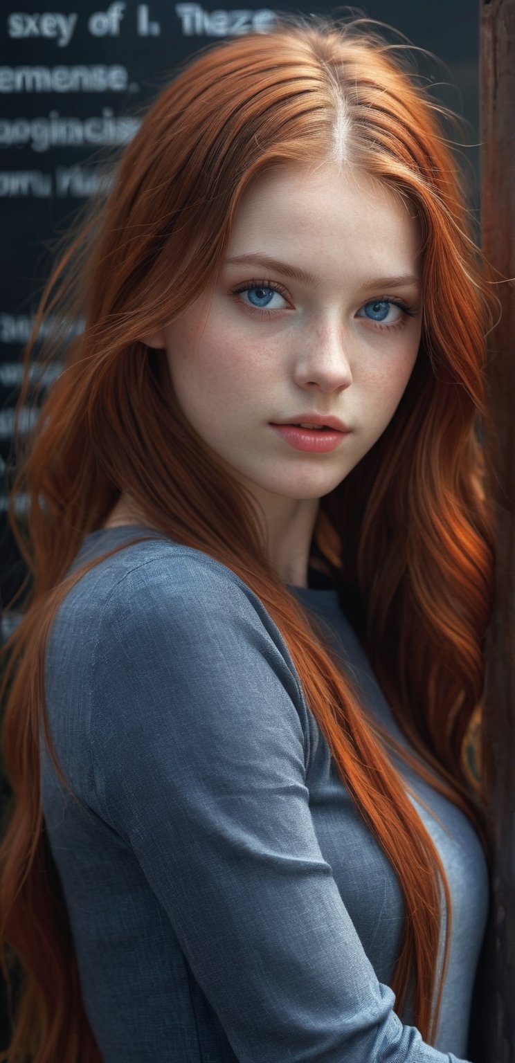 a girl holds with big an inscription, clear large distinguishable words,ultra realistic HD portrait, on the sign it says  "I know the answer..."  / Hyperrealistic sexy Girl Portrait,full body,red long hair,ultra detail blue eyes,face,perfect body**: An extremely high-resolution hyperrealistic portrait of a girl, pushing the boundaries of realism with fine textures and lifelike details.
,NightmareFlame