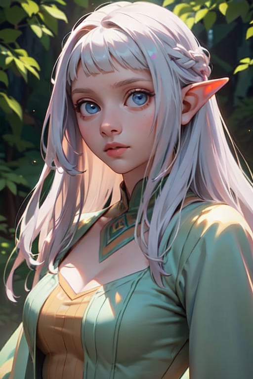 (masterpiece:1.4), (best_quality:1.4), (realistic_look), (captivating_aurora), (intense_gaze), (mesmerizing_eyes), (ethereal_beauty), (graceful_pose), (enchanting_presence), (detailed_clothing), (elven_attire), (flowing_hair), (pastel_color_palette), (natural_surroundings), (forest_background), (ethereal_lighting).
