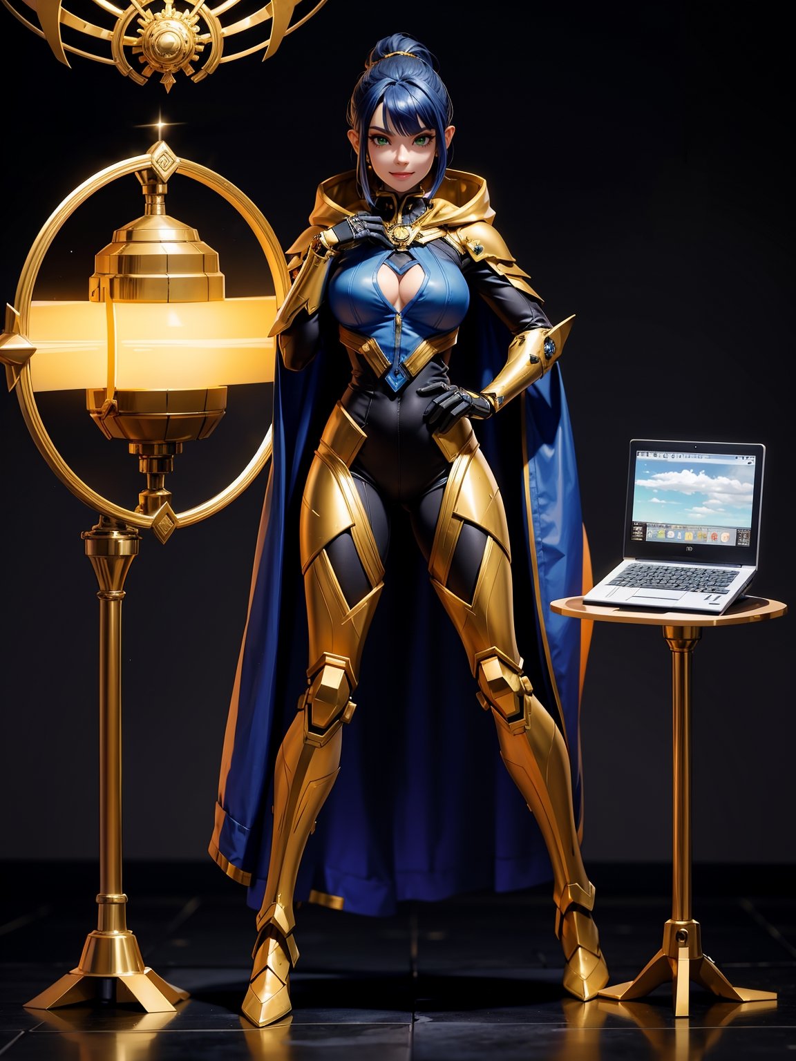 A woman, wearing black wick costume+gold armor + lights attached, very tight costume, (gigantic breasts), blue hair, very short hair, straight hair, hair with ponytail, hair with bangs in front of the eyes, (hood on the head), looking at the viewer, ((([pose with interaction and leaning on something|pose with interaction and leaning on a structure]))), in a spaceship, with computer machines, window, ((full body):1.5), 16k, UHD, best possible quality, ultra detailed, best possible resolution, Unreal Engine 5, professional photography, well-structured fingers and hands, well-detailed fingers, well-detailed hand, perfect_hands, perfect, ((astronaut+mecha))