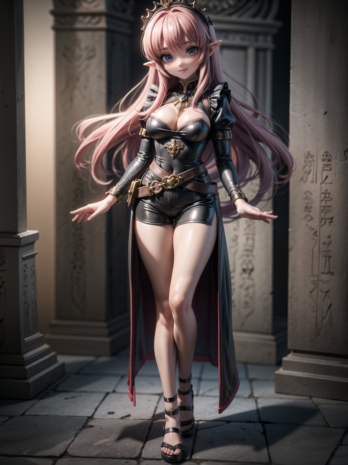 ((Full body, standing):1.5), Princess Zelda: wearing extremely tight-fitting black maid outfit, with short white shorts, extremely large breasts, pink hair, blue eyes, posing erotic, smiling and looking at viewer , in an Egyptian tomb filled with (sarcophagi:1.4). anime, anime, Hyperrealism, Hyperrealism, 16k, ((high quality, high details):1.4), UHD, masterpiece