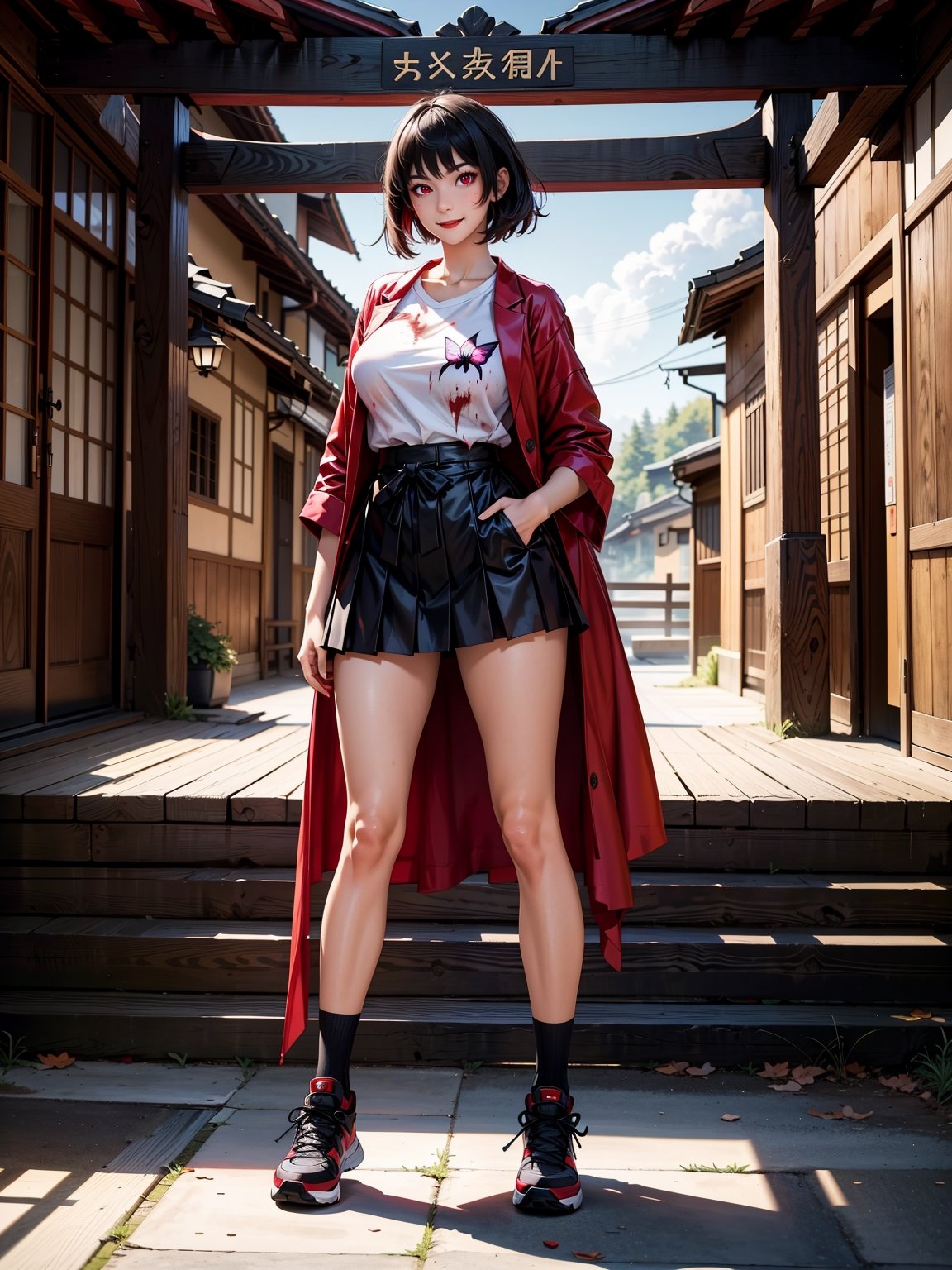 A woman, wearing a schoolgirl outfit with a white t-shirt, red coat, short black skirt, long white socks, black sneakers, ((gigantic breasts)), black hair, very short hair, straight hair, hair with bangs in front of her eyes, ((blood everywhere)), looking at the viewer, (([pose with interaction and leaning on something|pose with interaction and leaning on a large object])), in an ancient Japanese village, with altars, structures , windows, night time, heavy fog, ((full body):1.5), 16k, UHD, best possible quality, ultra detailed, best possible resolution, Unreal Engine 5, professional photography, well-detailed fingers, well-detailed hand , perfect_hands, perfect, ((fatal frame crimson butterfly))