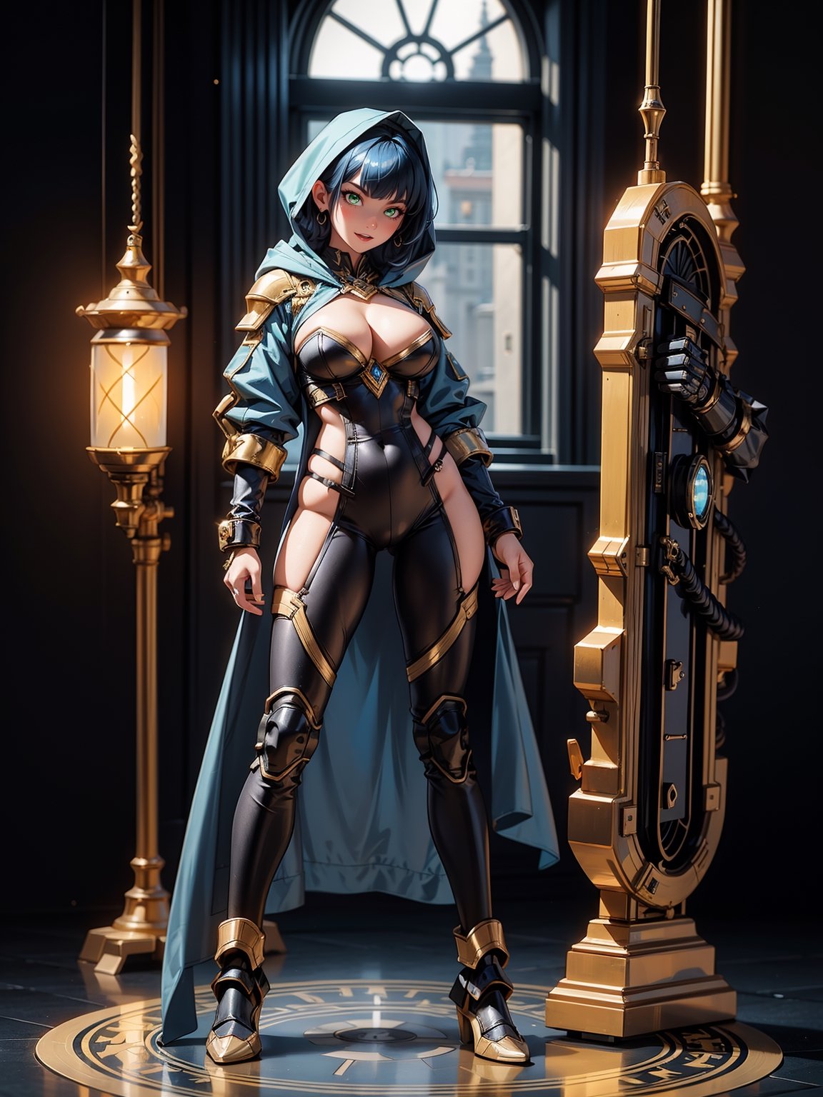 A woman, wearing black lock costume + gold armor + lights attached, very tight costume, (gigantic breasts), blue hair, very short hair, straight hair, hair with ponytail, hair with bangs in front of the eyes, (hood on the head), looking at the viewer, ((([pose with interaction and leaning on something|pose with interaction and leaning on an object]))), in a spaceship, with computer machines, window, ((full body):1.5), 16k, UHD, best possible quality, ultra detailed, best possible resolution, Unreal Engine 5, professional photography, well-structured fingers and hands, well-detailed fingers, well-detailed hand, perfect_hands, perfect, ((astrounauta+mecha))
