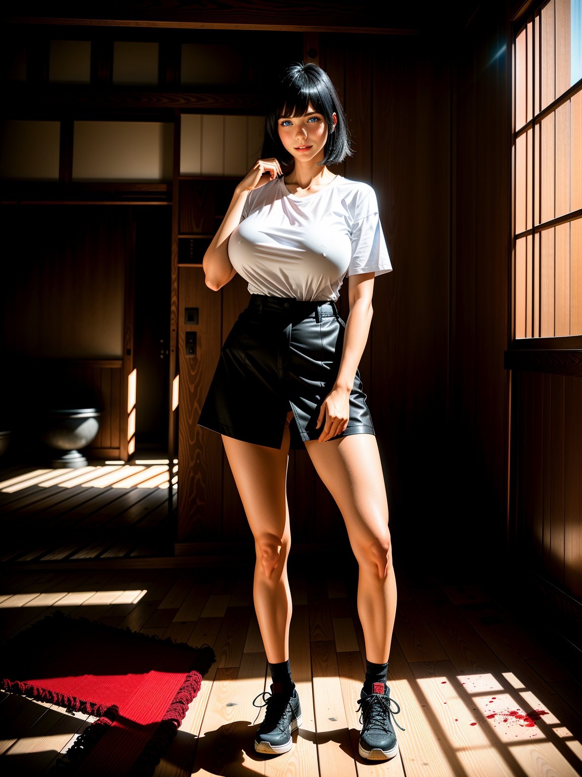 A woman, white t-shirt, red coat, short black skirt, long white socks, black sneakers, ((gigantic breasts)), black hair, very short hair, straight hair, hair with bangs in front of the eyes, ((blood everywhere)), looking at the viewer, (([pose with interaction and leaning on something|pose with interaction and leaning on a large object])), in the room of an old Japanese house completely destroyed and dusty with furniture, altars, structures, windows, ((full body):1.5), 16k, UHD, best possible quality, ultra detailed, best possible resolution, Unreal Engine 5, professional photography, well-detailed fingers, well-detailed hand, perfect_hands, perfect, ((fatal frame 2))