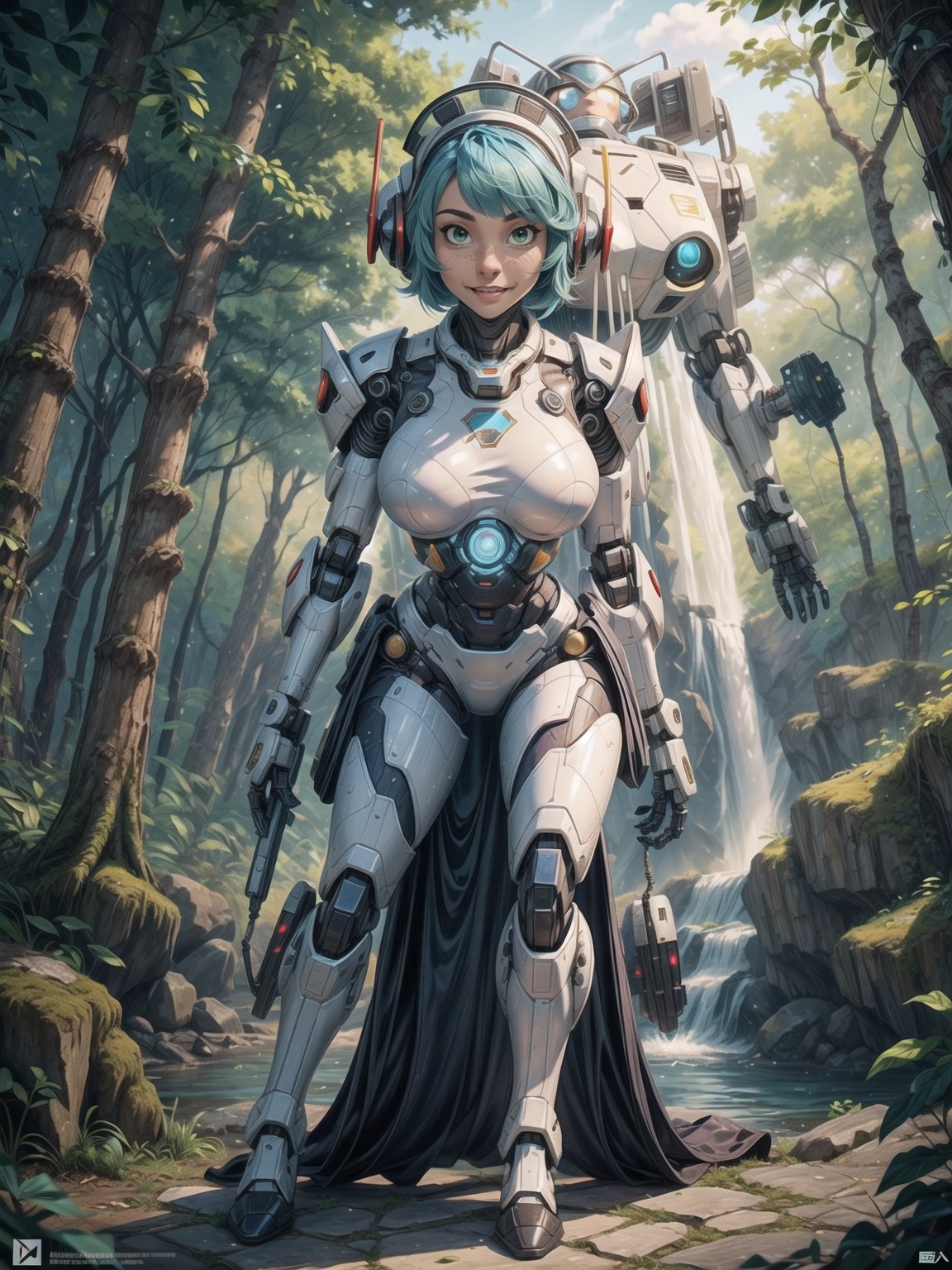 A woman, wearing a mecha outfit+cybernetic armor coat+futuristic costume, a white costume with blue parts, cybernetic helmet with colored visor, gigantic breasts, light blue hair, extremely short hair, hair with bangs in front of her eyes, ((looking at the viewer)), (((sensual pose+Interacting+leaning on anything+object+leaning against))), in a forest with waterfall, with large structures, altars with Ancient Writings, robots, robotic machines, 16K, UHD, ((full body)), Unreal Engine 5, quality max, max resolution, ultra-realistic, ultra-detailed, maximum sharpness, ((perfect_hands)), ((perfect_legs)), Goodhands-beta2, ((mecha+maid costume))