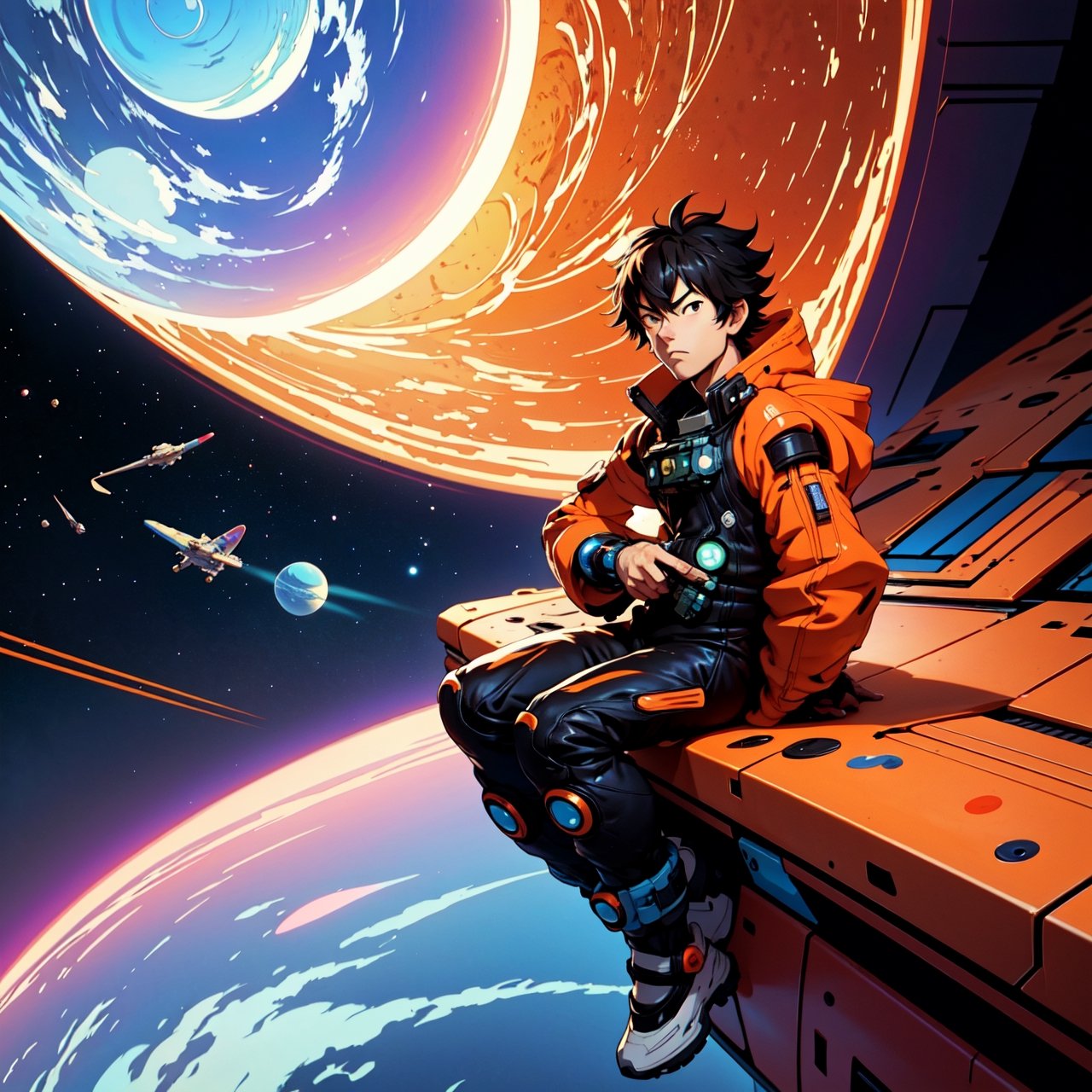 anime guy sitting on the ground looking at the planet, space cowboy, cyber space cowboy, inspired by Josan Gonzalez, makoto shinkai ( apex legends ), akira artstyle, ross tran style, akira vibes, akira art style, floating beside planets, josan gonzales, sci - fi art!!!!!!!, josan gonzales!!!, in space, modern sci-fi anime