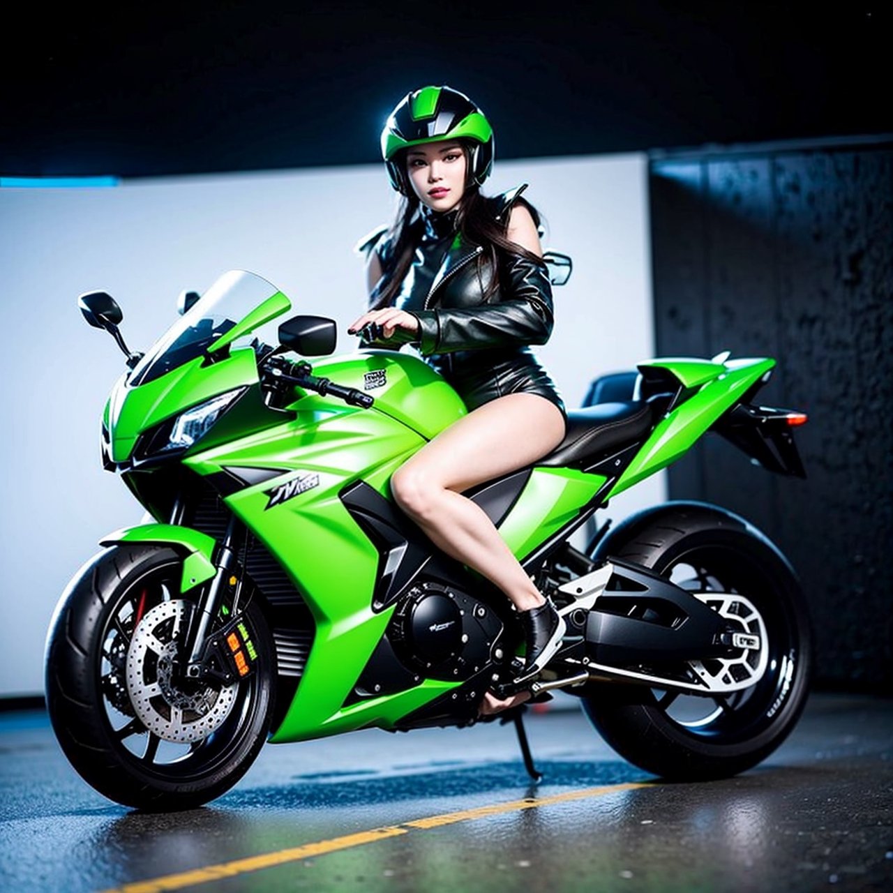Highest image quality, outstanding details, ultra-high resolution, (realism: 1.4), the best illustration, favor details, highly condensed 1girl, with a delicate and beautiful face, dressed in a black and green mecha, wearing a mecha helmet, holding a directional controller, riding on a motorcycle, the background is a high-tech lighting scene of the future city. surreal illustration, surreal rendering, clean digital rendering, photo realistic rendering, surreal illustration