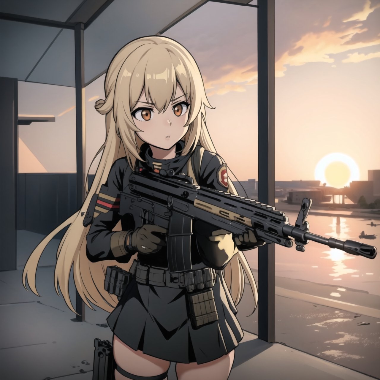 Chica de anime con una pistola, Sosteniendo un arma, en una falda, M4 Sopmod II Girls Front Line, railgun, Anime Fuego de ametralladora, girl front line style, con rifle, De Girls Frontline, detalles finos. girls frontline, female action anime girl, fusil de asalto, wielding an assault rifle, Chicas Frontline CG, Arma realista, girls frontline, con pistola