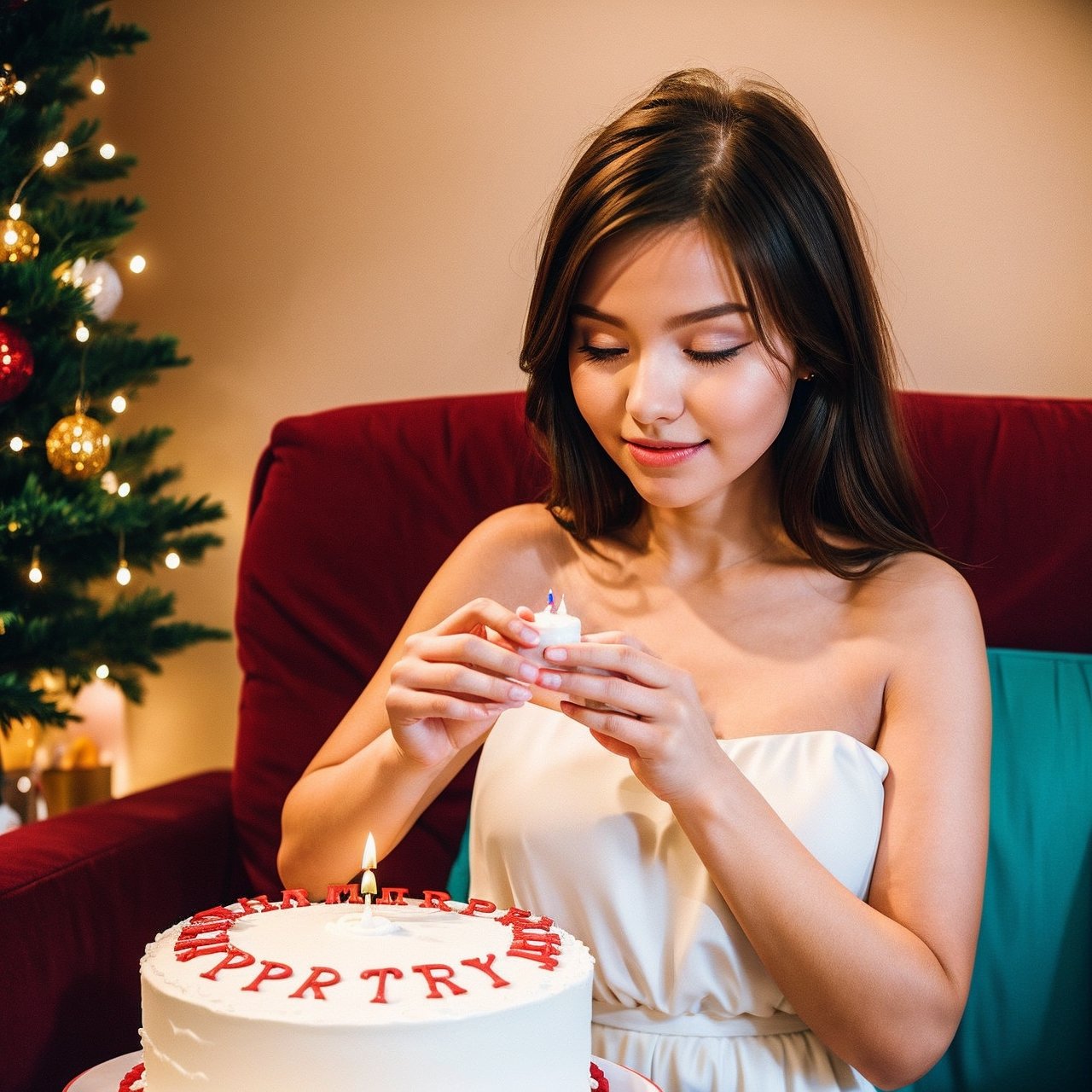 The woman is sitting on the sofa with a small white Pomeranian crawling on her lap, opposite a birthday cake, making a wish to the birthday cake, celebrating her birthday, she is about 1 6 years old, white skin, delicate facial features