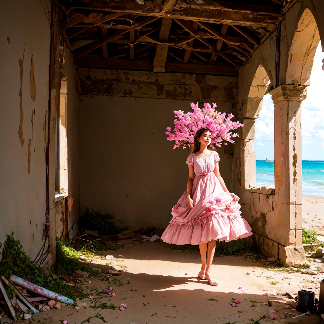an amazing pink tree on a rock on the beach, in the style of realistic depiction of light, passage, faith-inspired art, abandoned spaces, light-filled scenes, immersive environments, flower and nature motifs --ar 14:25,girl