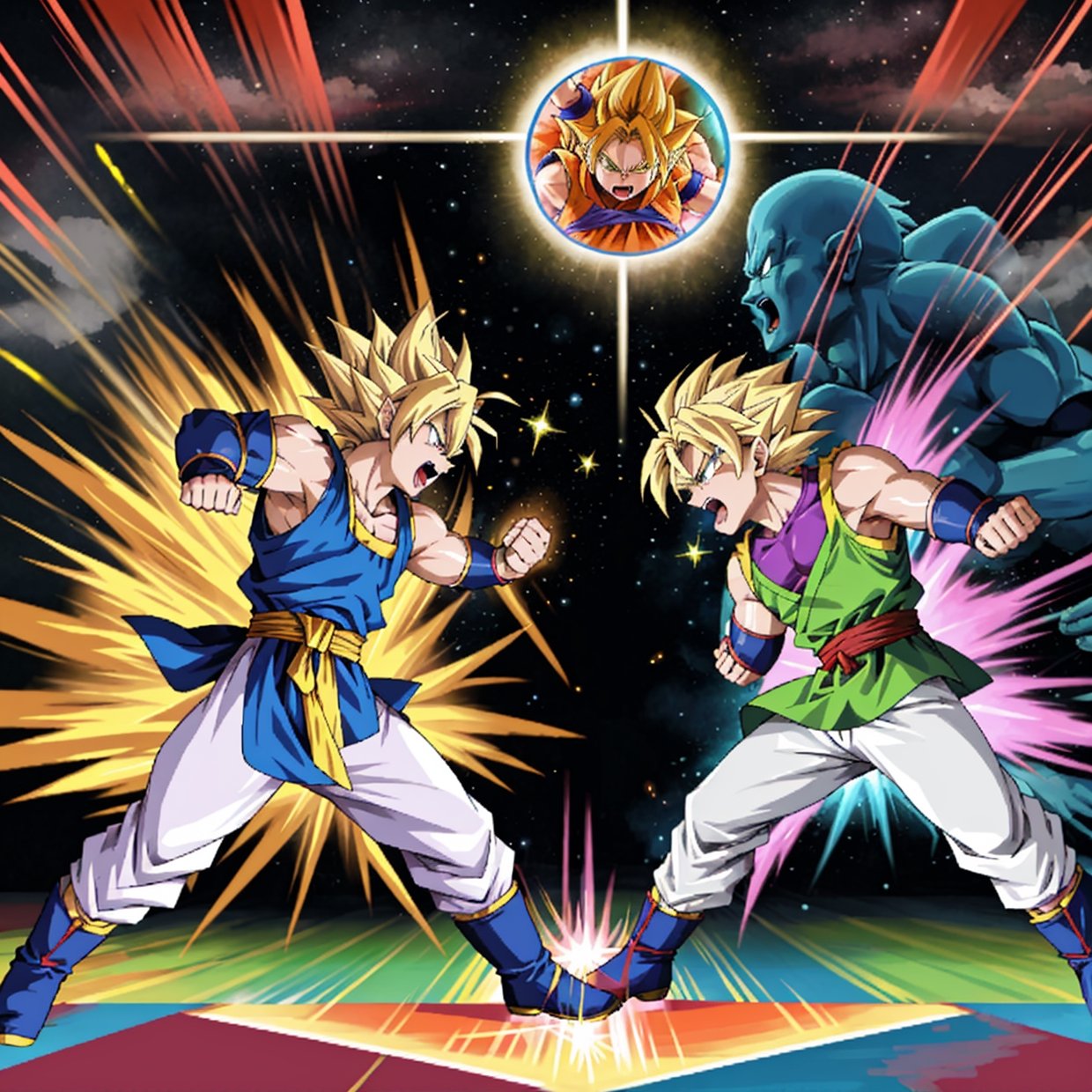 a powerful warrior, vibrant colors, epic battles, stunning energy blasts, intense emotions, dynamic action poses, martial arts mastery, iconic characters, spiky hair, glowing auras, planet-destroying fights, superhuman strength, otherworldly landscapes, Dragon Balls, wish-granting dragon, flying nimbus cloud, training in the hyperbolic time chamber, fusion dance, transforming into Super Saiyan, Goku, Vegeta, Gohan, Piccolo, Frieza, Cell, Majin Buu, Galactic Tournament, Kamehameha wave, Spirit Bomb, teleportation, powerful villains, legendary Super Saiyan, scream "It's over 9000!", iconic catchphrases, epic music, fast-paced animation, intricate fight choreography, dramatic power-ups, friendship and loyalty, never give up, saving the world, iconic screaming faces, anime art style, dynamic camera angles, vibrant and saturated colors, intense shading, explosive energy effects, anime-inspired costumes, epic clashes between good and evil, intense rivalries, iconic transformations, earth-shattering explosions.