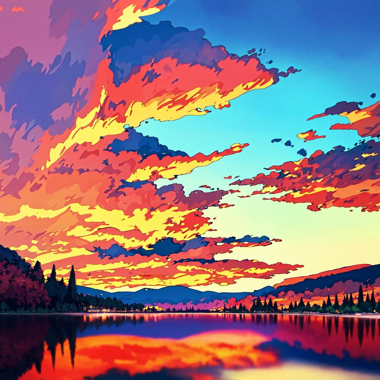 There is a beautiful sunset, the hillside is covered with flowers and plants, the flowers are up close, the colorful sky, the surreal colors, the colorful sunsets, the colorful sky, the marvelous sky reflection, the amazing sky, the fantastic atmosphere 8K, the colorful clouds, the color reflection on the lake, the surreal sky, the red and blue reflection, the fire reflection, the beautiful sky, the beautiful and spectacular dusk, the beautiful dream landscape, the amazing sky