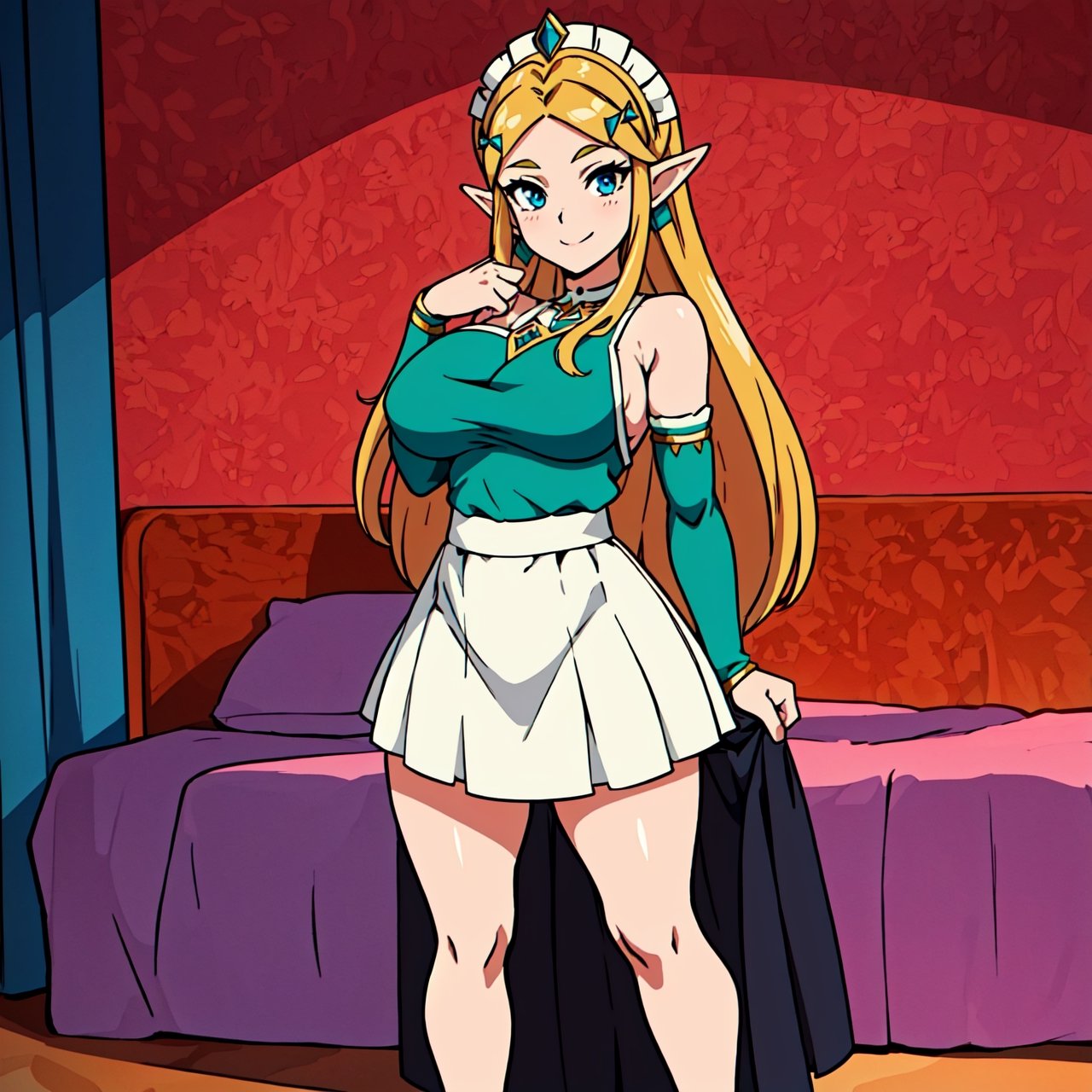 (Full body image:1.5), (Princess Zelda, standing, alone:1.2) ,(large breasts:1.5), (she's wearing black maid attire with very short white skirt/extremely tight outfit on her body:1.3), (she's inside a hotel room in front of a bed:1.3), she has (blue eyes, dark green mohawk hair:1.2), (she's smiling, looking at the viewer. exhibitionist pose:1.2), anime style, 16k, best quality, high details, textured skin, UHD, masterpiece, anatomically correct