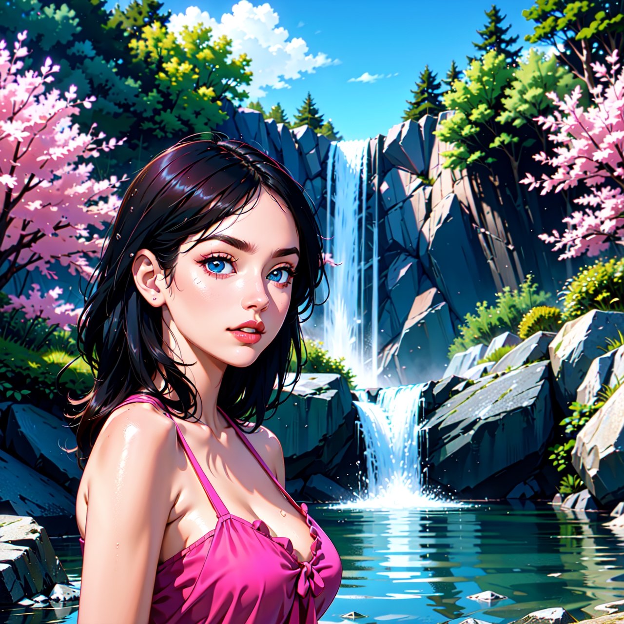 A very beautiful girl happily bathing near a clear and cool waterfall Pink skin Blue eyes Dark hair Detailed face Detailed body Realistic model Highly detailed Natural scenery Cgi 8k resolution