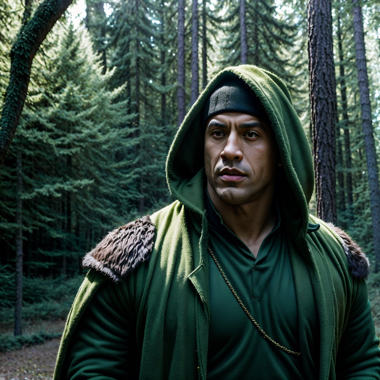 Arafed The Man in the Green Jacket in the Woods, Vin Diesel, Hero, Epic Fantasy as a Medieval Fantasy Character, Portrait of Fin the Wild Cloak, Dwayne Johnson as Harry Potter, Dominic Toretto, Fantasy Character Photo, Ronaldo Nazario, Profile Shot, Epic Fantasy D&D Hobbit Rogue