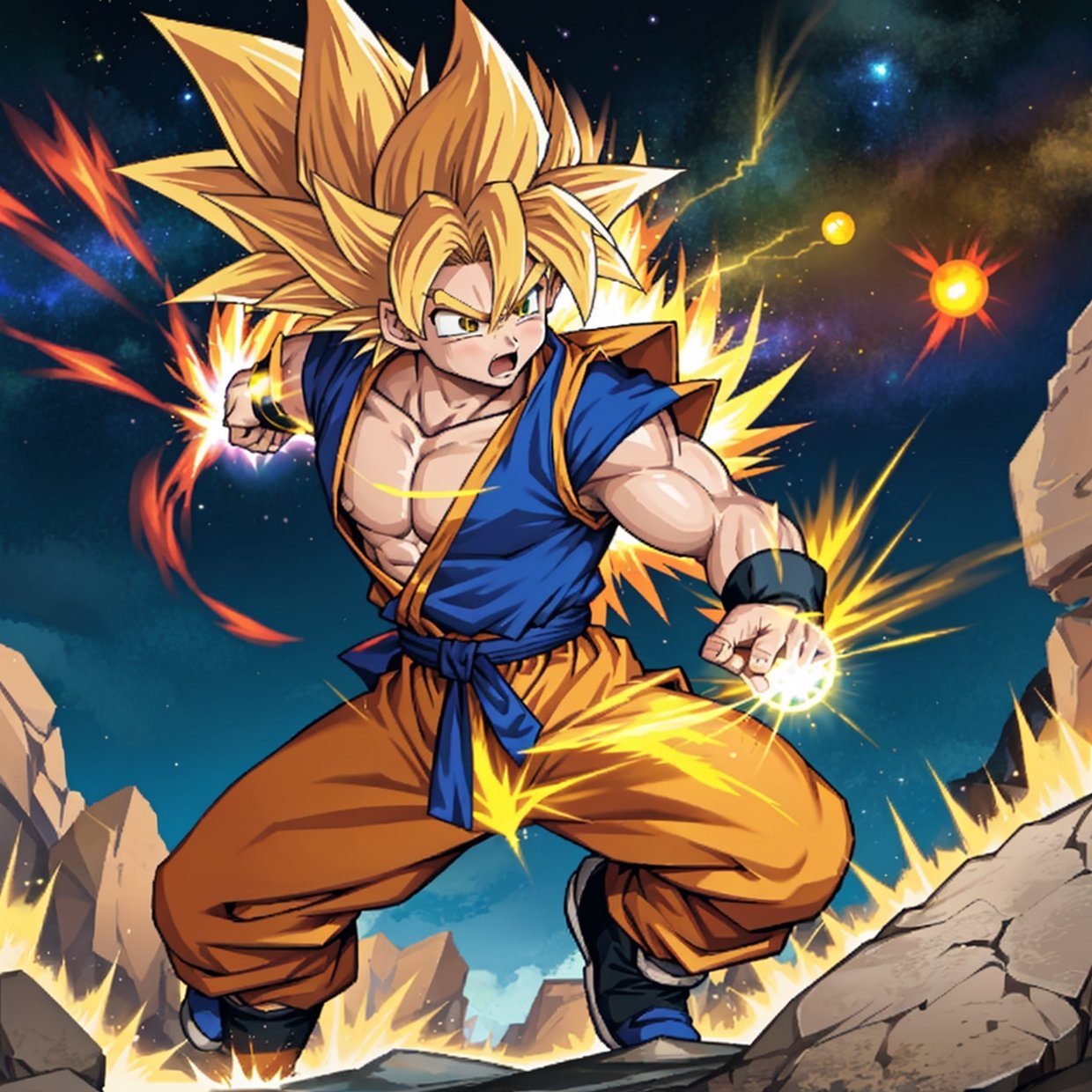 best quality,ultra-detailed,realistic,anime,Dragon Ball,super saiyan,goku,powerful energy blasts,fighting pose,floating in mid-air,intense battle scene,bright vibrant colors,dynamic action,ki aura,spiky hair,strong muscular physique,epic battle,explosions and destruction,surrounded by debris and dust,fierce expression,power level over 9000,flying rocks,mystical dragon,shenron,summoning dragon balls,seven orange glowing balls,emitting golden light,dragon's fiery breath,dragon scales and wings,fiery orange and yellow colors,epic power unleashed,cosmic energy,energy beam clashes,energy waves,star-filled sky,beaming with power and determination,high-intensity energy training,training montage,dragon radar,adventure and exploration,universe at stake,fighting against villains,superhuman strength and speed,fusion technique,teamwork and friendship,legendary transformation.