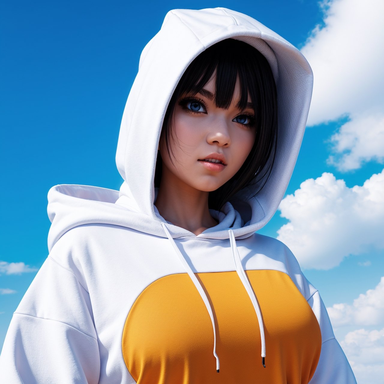 Top Quality, Masterpiece, High Resolution, 8k, Hoodie and Anime Style Girl, One Girl, Detailed Line Art, Bright White and Bright Amber Style, Digital Enhancement, Close Up, Anime Core, Flowing Fabric