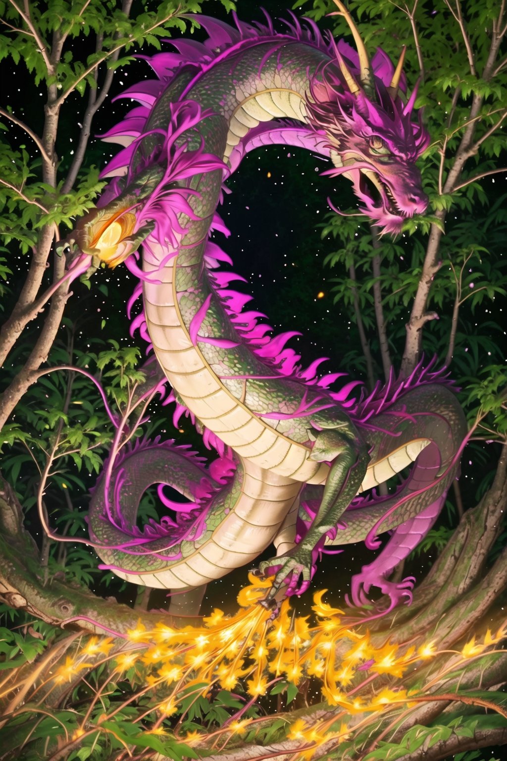 A pink dragon running through a vibrant forest, breathing bursts of sparkling fire, with scales glistening in the sunlight. The dragon's wings are spread wide and its tail coils dynamically in the air. The scene is rendered in a realistic style with ultra-fine painting details that capture the dragon's every scale and the texture of the forest foliage. The colors are vivid, with a warm color palette dominated by shades of pink, orange, and green. The lighting is soft, casting a warm glow that accentuates the dragon's form and brings a magical atmosphere to the scene. The scene is of the highest quality, with 4K resolution and ultra-detailed rendering that captures every intricate detail.