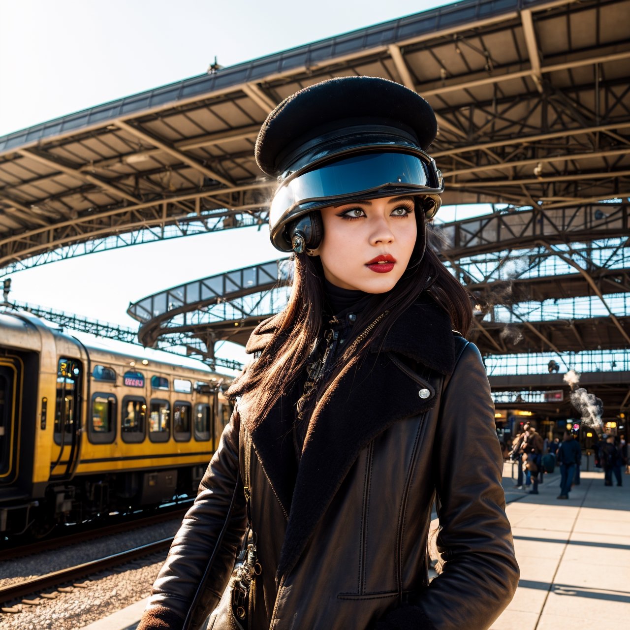 1 girl, aviator hat , solo, steam punk, train station, , steam, smoke, masterpiece, highly detailed,HDR,8k resolution, best quality,