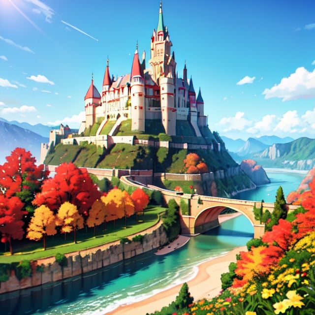 masterpiece, best quality, high quality, extremely detailed CG unit 8k wallpaper, landscape, outdoor, sky, cloud, day, great medieval castle, no humans, mountain, landscape, water, tree, blue sky, waterfall, cliff, nature, lake, river, village, autumn, cloudy sky, multicolored flowers, award-winning photography, Bokeh, depth of field, HDR, bloom, chromatic aberration, photorealistic, extremely detailed, trend on artstation, trend on CGsociety, Complex, High Detail, dramatic, art by midjourney