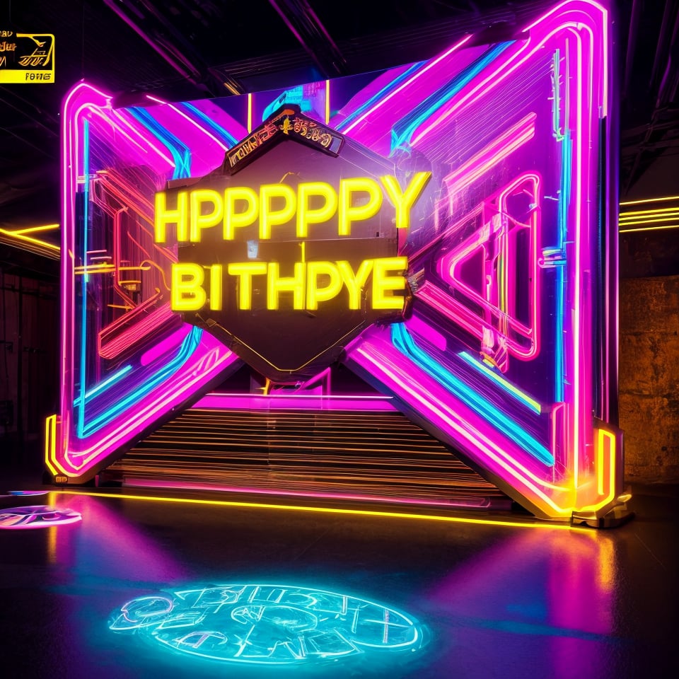 birthday sign, colorful, vibrant, 3d render, intricate details, metallic text, glowing neon lights, glossy surface, modern design, artistic typography, party celebration, festive atmosphere, photorealistic, high resolution, 8k, best quality, hyperdetailed
