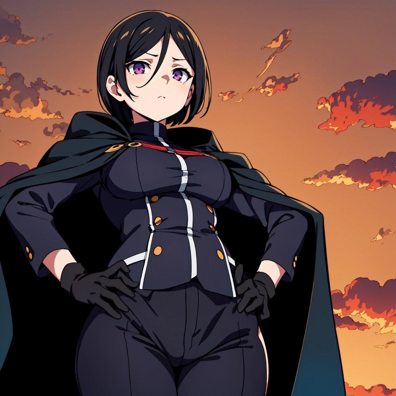 (masterpiece, best quality:1.2), from below, solo, 1girl, ozen, expressionless, closed mouth, looking at viewer, hands on hips, black jacket, cape, black pants, black gloves