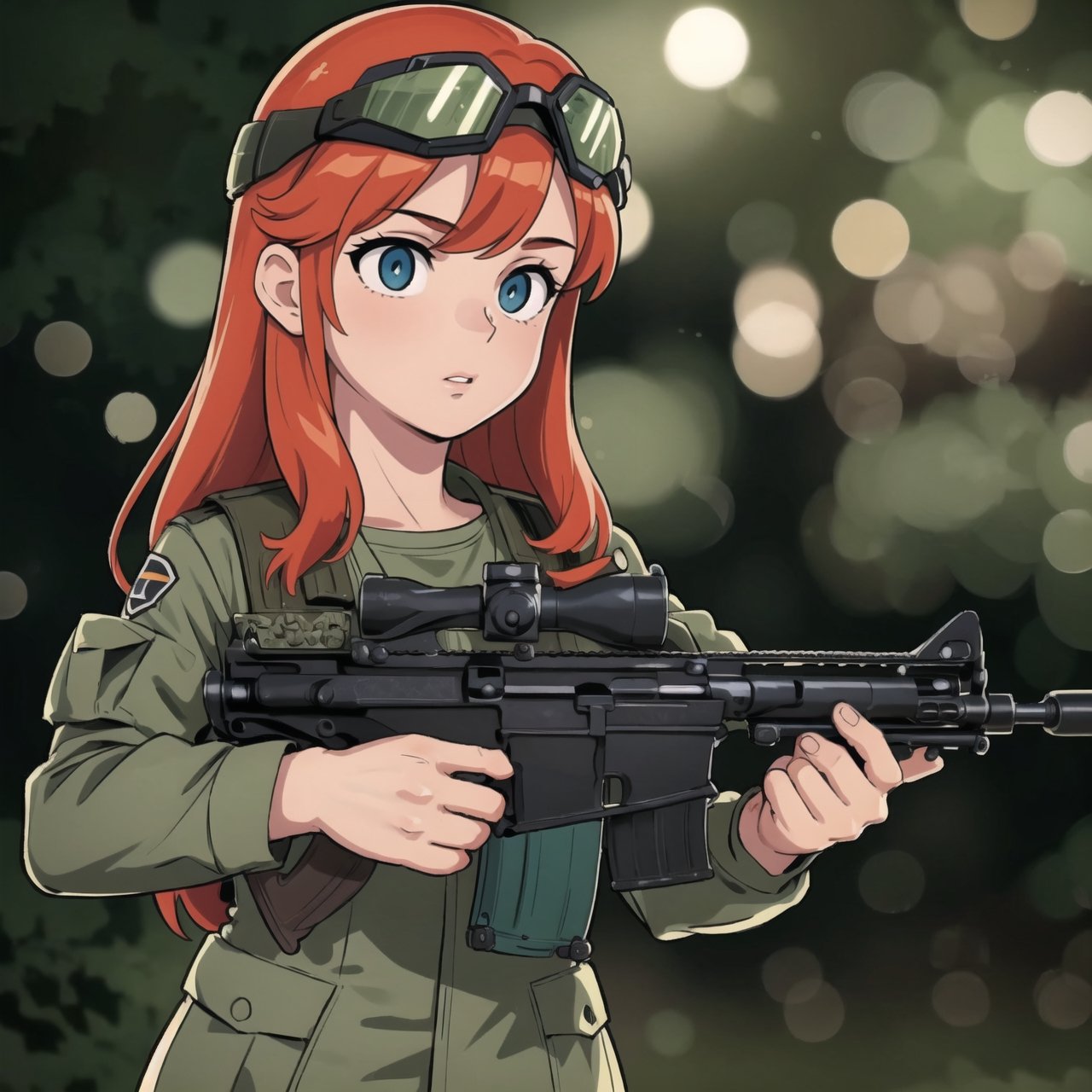 (masterpiece,best quality,expressive eyes,perfect face),(realistic,1.2)1girl in tactical jungle uniform,redhead,(rising out of water),(helmet,nightvision goggles),(aiming an assault rifle),weapon,(sharp focus),(vivid colors),(bokeh)