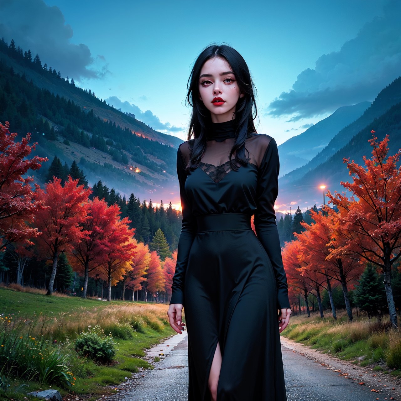 (masterpiece, best quality:1.4), cinematic light, colorful, high contrast, mountain, grass, tree, night, (horror (theme):1.2), (monster:1.2), dark