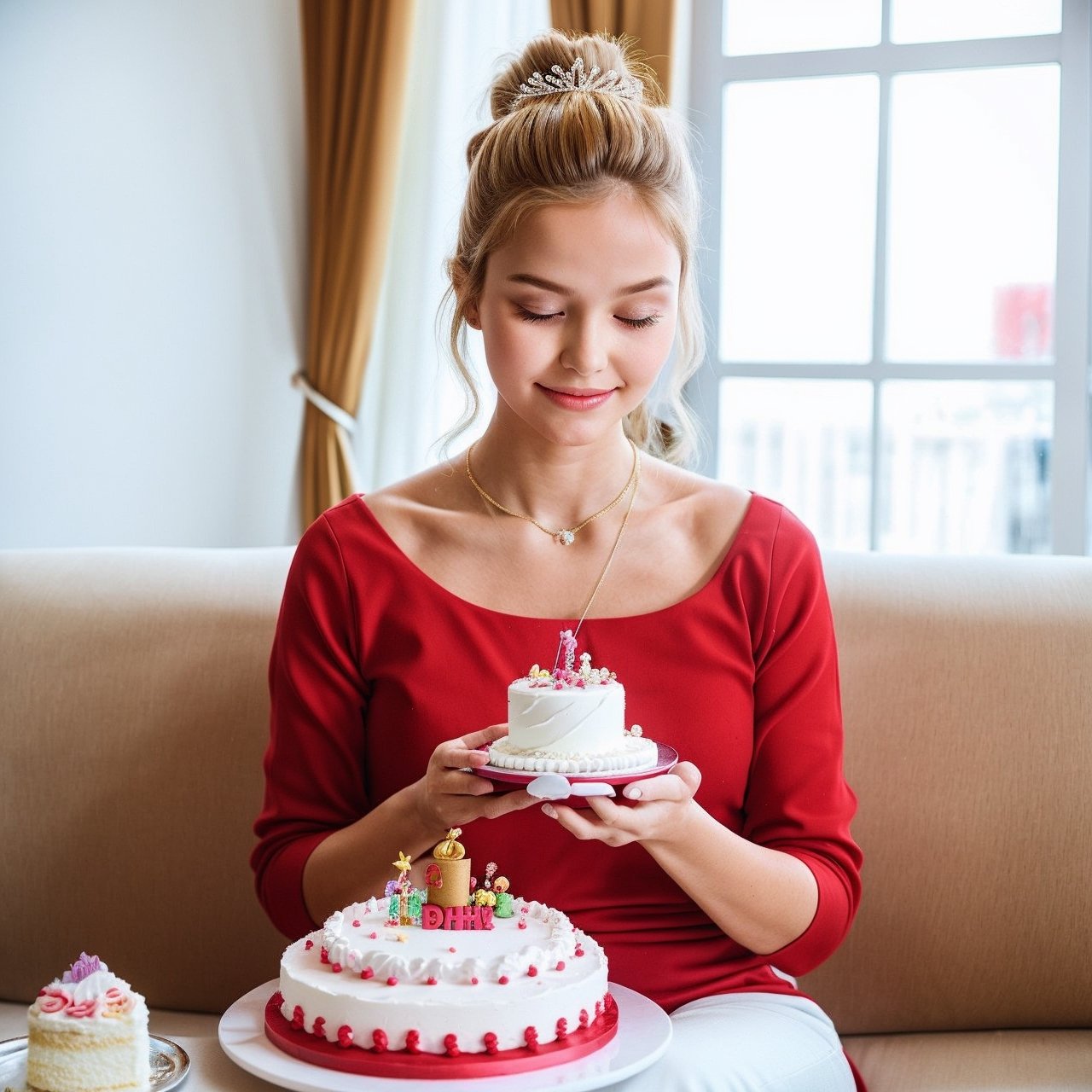The woman is sitting on the sofa with a small white Pomeranian crawling on her lap, opposite a birthday cake, making a wish to the birthday cake, celebrating her birthday, she is about 1 6 years old, white skin, delicate facial features