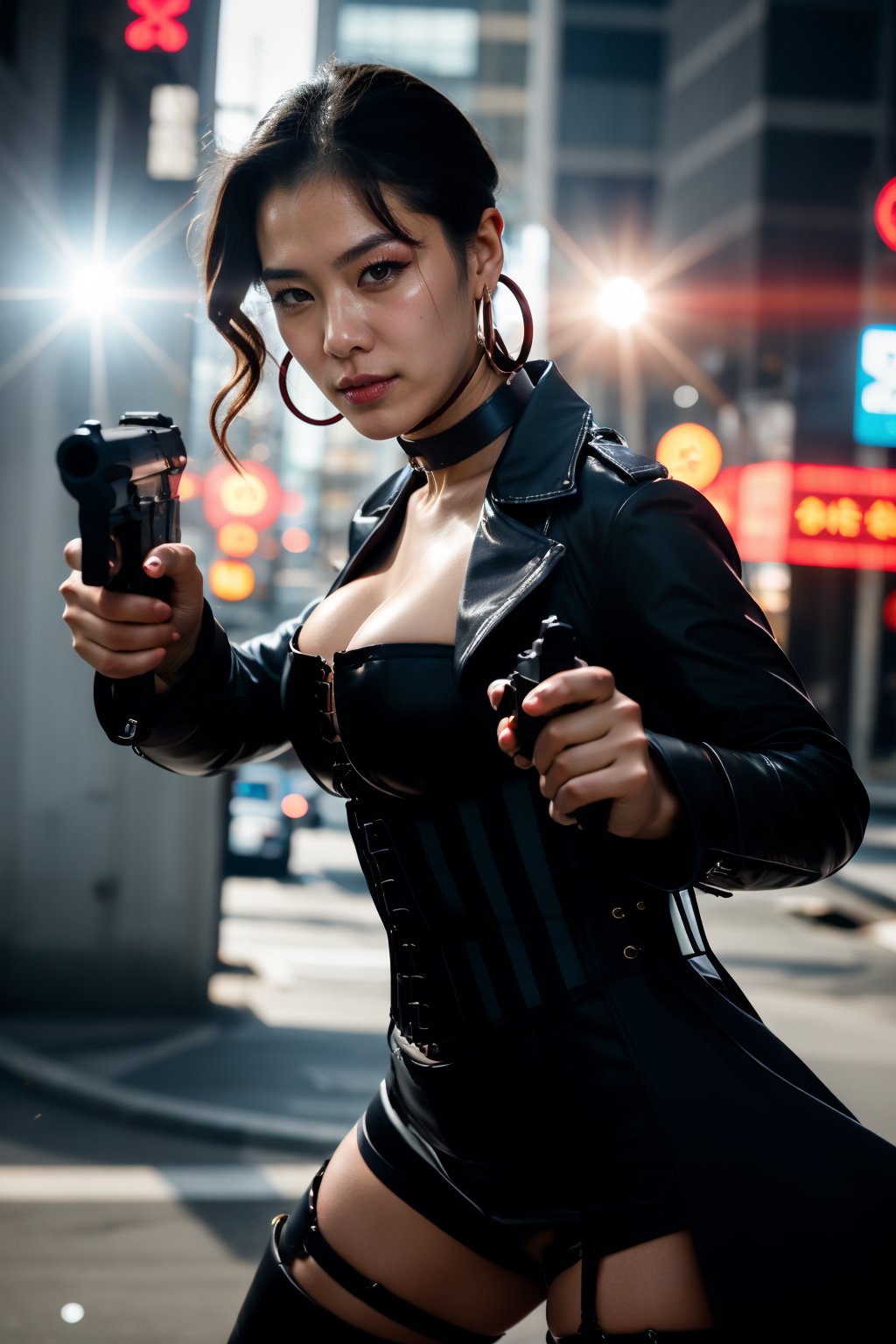 beautiful Asian Claramorningstar, latex choker, leather jacket trenchcoat, stripe corset, updo hair, confident, hoop earrings, holding a xuer pistol, cinematic lightning, action pose, weapon, lens flare, portrait