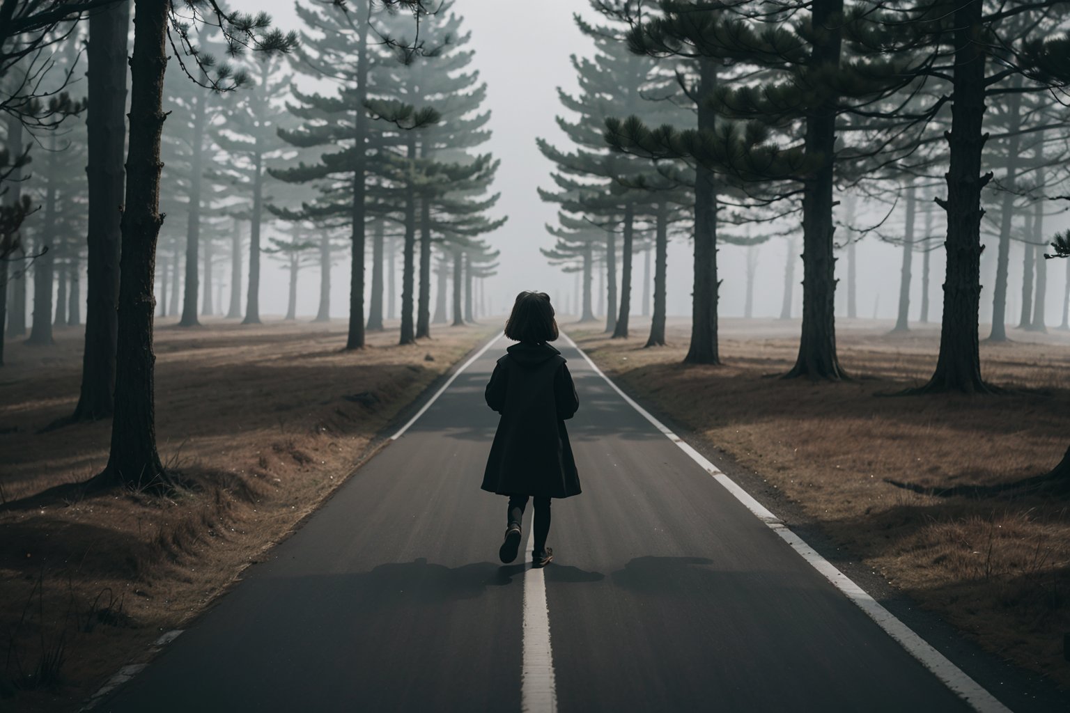 Highest quality, rich details, masterpiece, dark forest, spooky atmosphere, a little girl walking alone on the road, hugging a plush teddy bear, the foggy road with no end in sight,