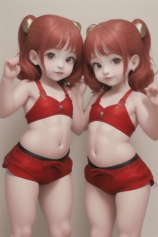 two babies 4 yearsold twin girls with red hair and bodybuild in japanese hobe colored red and gold