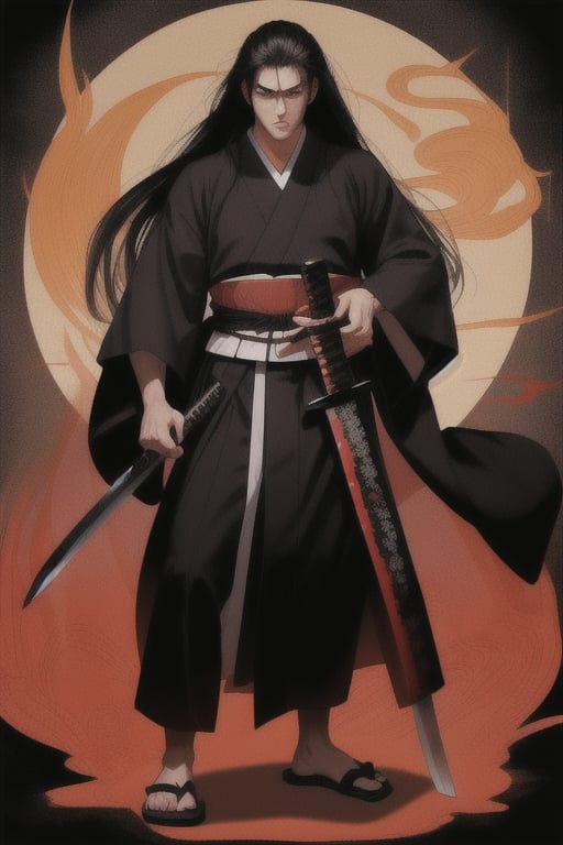 pretty man with 25 years with a big glowing black katana sword samurai
 with ancient japanese red and black robe samurai
long hair.
blade on left arm like dodoro
no left hand
