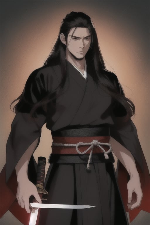 pretty man with 25 years with a big glowing black katana sword samurai
 with ancient japanese red and black robe samurai
long hair.
lost his left hand
no left hand
