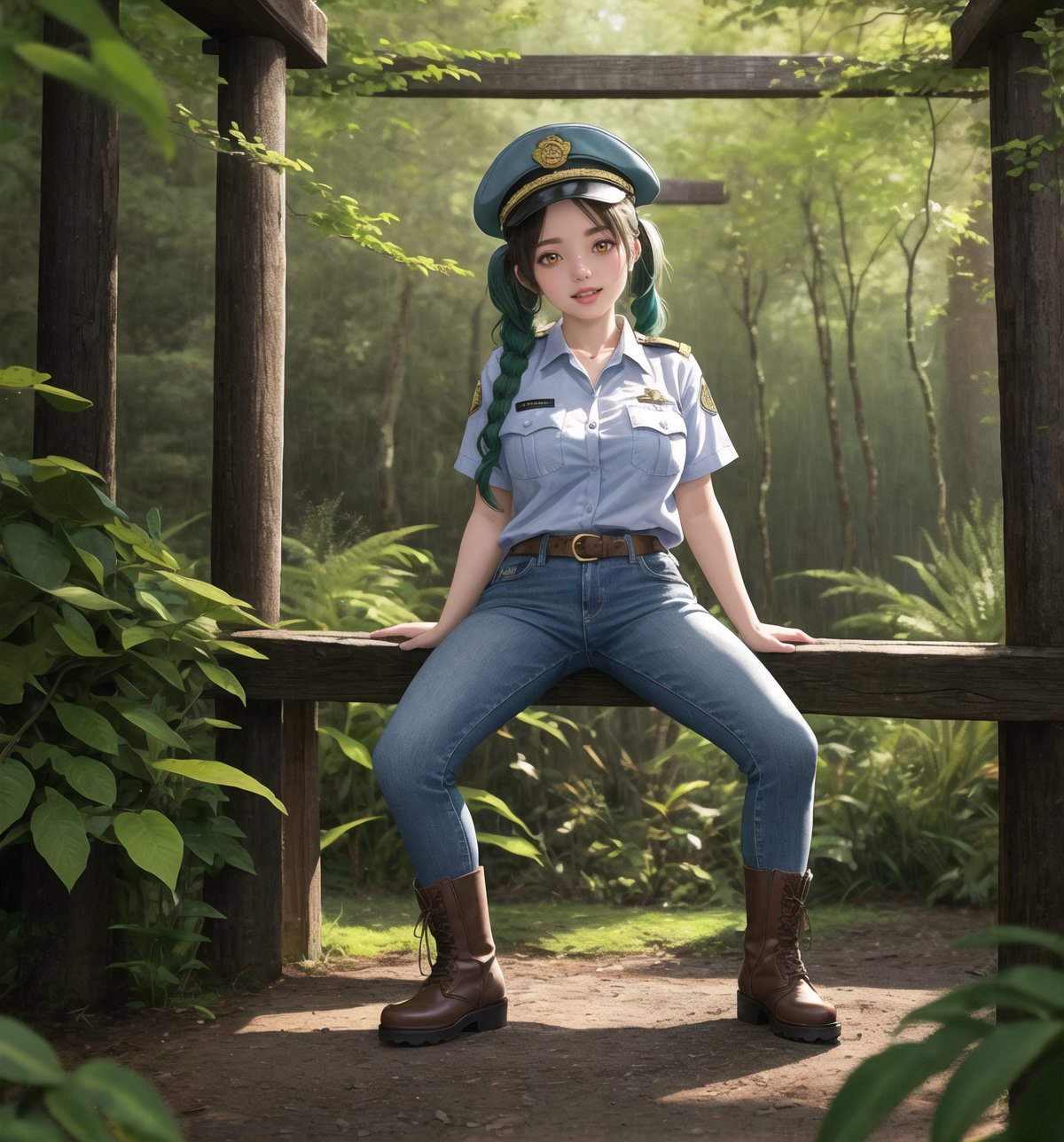 An ultra-detailed 8K masterpiece with fantasy and horror styles, rendered in ultra-high resolution with graphic detail. | Aya, a young 23-year-old woman, is dressed in a park ranger uniform consisting of a green and brown checkered shirt, blue jeans, brown leather boots and a green ranger hat. She has short blue hair, with two pigtails held together by silver barrettes, and a disheveled cut. ((Her golden eyes shine as she looks at the viewer, smiling and showing her white teeth)). It is located in a forest temple, surrounded by tall trees and rock structures. Tree trunks and wooden structures complete the natural environment, while concrete structures blend into the environment. Night has fallen and heavy rain falls, creating a dark and macabre atmosphere in the forest. | The image highlights Aya's imposing and sensual figure, contrasting with the dark and frightening environment of the forest temple. The rock, wooden and concrete structures, together with the vegetation and trees, create a mixed natural and artificial environment. The temple's artificial lighting creates dramatic shadows and highlights the details of the scene. | Soft, shadowy lighting effects create a tense, fear-filled atmosphere, while detailed textures on skin, fabrics, and structures add realism to the image. | A sensual and terrifying scene of a young ranger in a forest temple, exploring themes of fantasy and horror. | (((The image reveals a full-body shot as Aya assumes a sensual pose, engagingly leaning against a structure within the scene in an exciting manner. She takes on a sensual pose as she interacts, boldly leaning on a structure, leaning back and boldly throwing herself onto the structure, reclining back in an exhilarating way.))). | ((((full-body shot)))), ((perfect pose)), ((perfect arms):1.2), ((perfect limbs, perfect fingers, better hands, perfect hands, hands)), ((perfect legs, perfect feet):1.2), ((perfect design)), ((perfect composition)), ((very detailed scene, very detailed background, perfect layout, correct imperfections)), Enhance, Ultra details++, More Detail, poakl