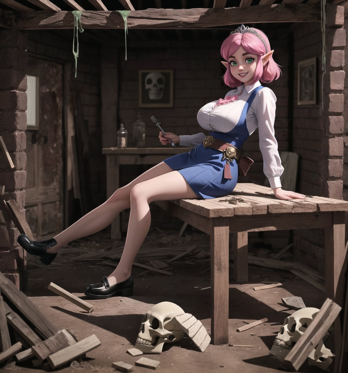 A masterpiece of gothic and fantasy style rendered in ultra-detailed 4K. | Princess Zelda, a young 23-year-old woman, is dressed in a simple maid uniform consisting of a white blouse, black skirt, white apron and black shoes. Her short ((pink hair)) is disheveled with two pigtails held in place by silver barrettes. Her green eyes shine as ((she looks at the viewer, smiling and showing her white teeth)). It is located in a filthy basement, with rocky structures, rotten wood and remains of destroyed buildings. An old and dirty table is in the center of the place, with metal tools scattered throughout the room. Skulls and skeletons are scattered across the floor, creating a sinister atmosphere. | The image highlights the imposing figure of Princess Zelda and the architectural elements of the basement. The rock structures, rotten wood, remains of destroyed buildings and metal tools create a gothic and sinister atmosphere. The old, dirty table and the skulls and skeletons scattered across the floor add a touch of fantasy to the scene. | Soft, shadowy lighting effects create a tense, uncomfortable atmosphere, while rough, detailed textures on structures and objects add realism to the image. | A gothic and fantasy scene of a princess employed in a filthy basement, fusing elements of gothic and fantasy. | (((The image reveals a full-body shot as the Princess Zelda assumes a sensual pose, engagingly leaning against a structure within the scene in an exciting manner. She takes on a sensual pose as she interacts, boldly leaning on a structure, leaning back and boldly throwing herself onto the structure, reclining back in an exhilarating way.))). | ((((full-body shot)))), ((perfect pose)), ((perfect arms):1.2), ((perfect limbs, perfect fingers, better hands, perfect hands, hands)), ((perfect legs, perfect feet):1.2), (((huge breasts))), ((perfect design)), ((perfect composition)), ((very detailed scene, very detailed background, perfect layout, correct imperfections)), Enhance, Ultra details++, More Detail, poakl