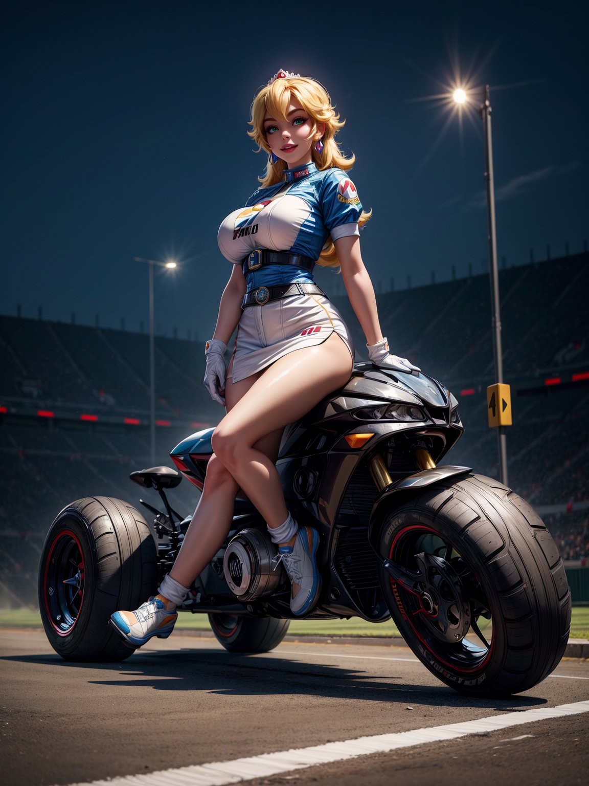 A woman, wearing white formula 1 runner costume with blue parts, gigantic breasts, blue hair, very short hair, hair pinned, bangs in front of the eyes, looking at the spectator, (((erotic pose interacting and leaning on an object))), on a race track with Kart, machinery, grandstand, is at night, a full moon at the top right,  ((full body):1.5). 16k, UHD, best possible quality, ((best possible detail):1), ((Super Mario Kart)), ((Princess Peach)), best possible resolution, Unreal Engine 5, professional photography, perfect_hands, in the style of SM