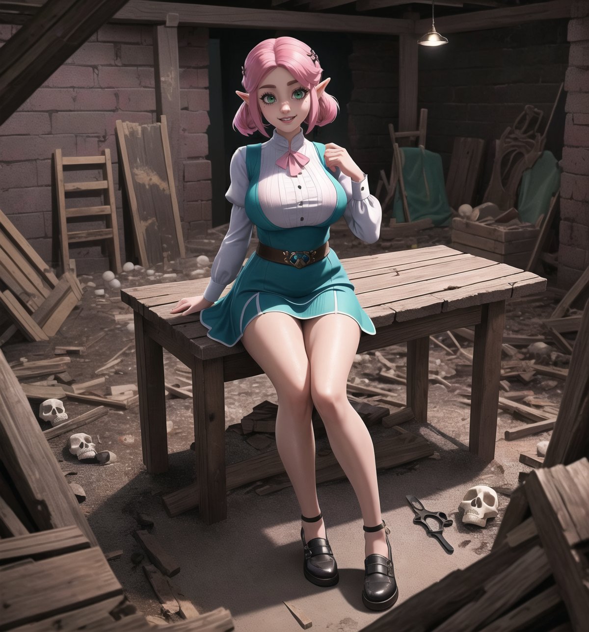 A masterpiece of gothic and fantasy style rendered in ultra-detailed 4K. | Princess Zelda, a young 23-year-old woman, is dressed in a simple maid uniform consisting of a white blouse, black skirt, white apron and black shoes. Her short ((pink hair)) is disheveled with two pigtails held in place by silver barrettes. Her green eyes shine as ((she looks at the viewer, smiling and showing her white teeth)). It is located in a filthy basement, with rocky structures, rotten wood and remains of destroyed buildings. An old and dirty table is in the center of the place, with metal tools scattered throughout the room. Skulls and skeletons are scattered across the floor, creating a sinister atmosphere. | The image highlights the imposing figure of Princess Zelda and the architectural elements of the basement. The rock structures, rotten wood, remains of destroyed buildings and metal tools create a gothic and sinister atmosphere. The old, dirty table and the skulls and skeletons scattered across the floor add a touch of fantasy to the scene. | Soft, shadowy lighting effects create a tense, uncomfortable atmosphere, while rough, detailed textures on structures and objects add realism to the image. | A gothic and fantasy scene of a princess employed in a filthy basement, fusing elements of gothic and fantasy. | (((The image reveals a full-body shot as the Princess Zelda assumes a sensual pose, engagingly leaning against a structure within the scene in an exciting manner. She takes on a sensual pose as she interacts, boldly leaning on a structure, leaning back and boldly throwing herself onto the structure, reclining back in an exhilarating way.))). | ((((full-body shot)))), ((perfect pose)), ((perfect arms):1.2), ((perfect limbs, perfect fingers, better hands, perfect hands, hands)), ((perfect legs, perfect feet):1.2), ((huge breasts)), ((perfect design)), ((perfect composition)), ((very detailed scene, very detailed background, perfect layout, correct imperfections)), Enhance, Ultra details++, More Detail, poakl