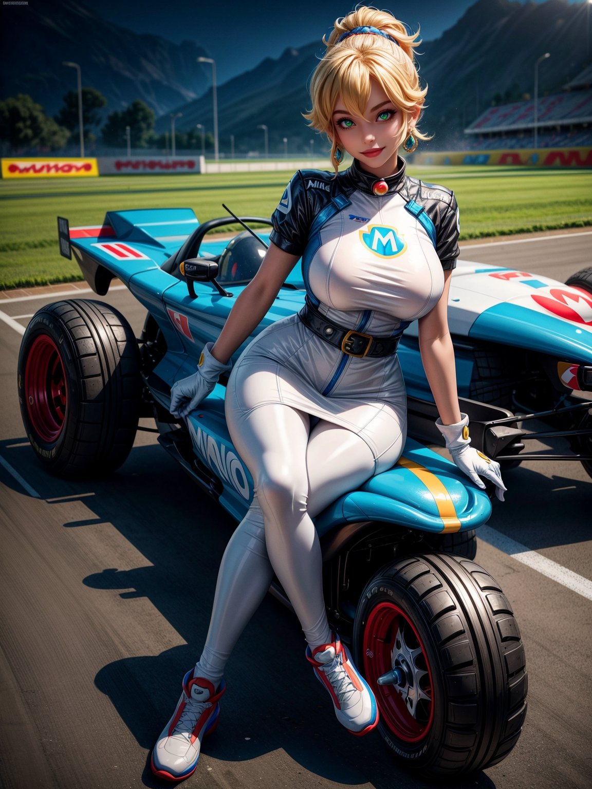 A woman, wearing white formula 1 runner's costume with blue parts, gigantic breasts, blue hair, very short hair, hair pinned, bangs in front of the eyes, looking at the spectator, (((erotic pose interacting and leaning on an object)))), on a race track with Kart, machinery, grandstand, ((full body):1.5). 16k, UHD, best possible quality, ((best possible detail):1), ((Super Mario Kart)), Princess Peach, best possible resolution, Unreal Engine 5, professional photography, perfect_hands, in the style of SM