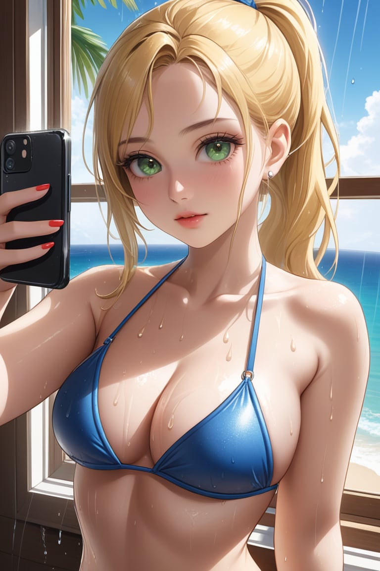 (masterpiece, best quality, highres), (realistic skin texture), soft lighting, 1girl, blonde ponytail hair, (wet hair:1.3), red lipstick, green eyes, taking a selfie, wearing a revealing sexy and hot bikini, blue bikini, detailed, solo, selfie, fit, window, wet, skindentation, brach, intricate details, sunny