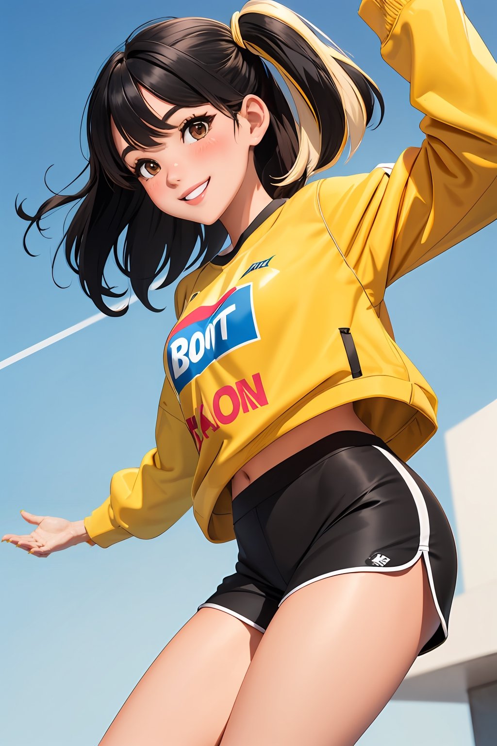 1girl, (two-tone hair blonde hair black hair:1.2), (roots hair:1.2) , blonde hair, two side up, bolt print, blush, brown eyes, yellow clothes, brown clothes, smile, striped, best quality, sports, shorts