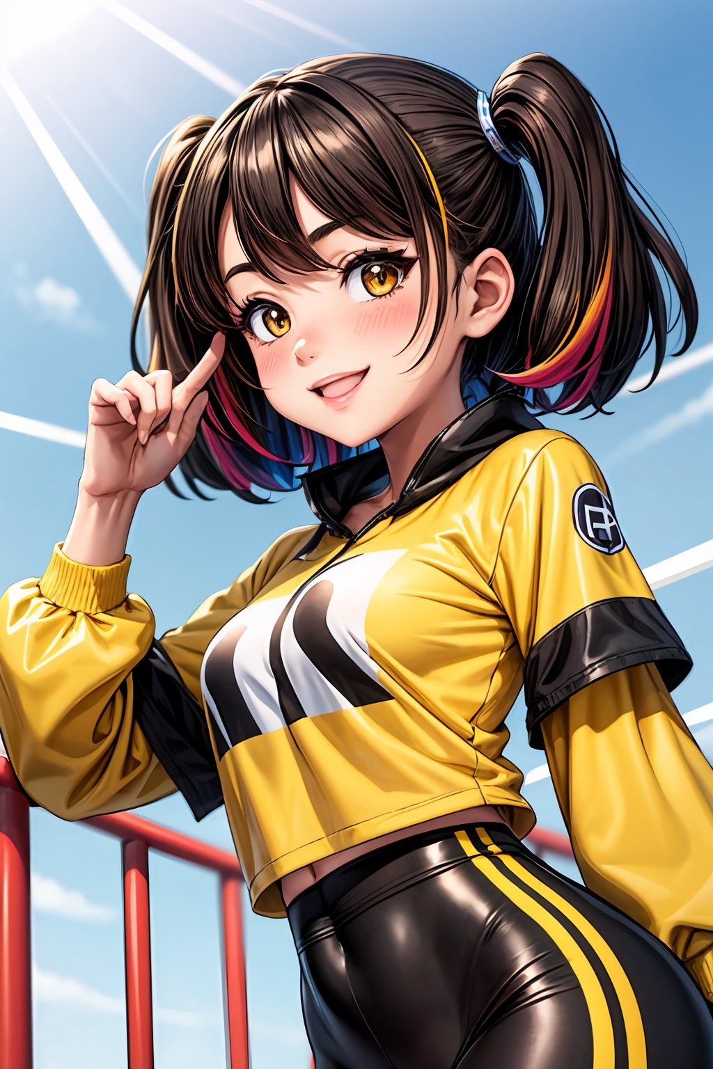 1girl, blonde hair, two side up, bolt print, blush, brown eyes, yellow clothes, brown clothes, colored tips, black hair colored tips, sports, smile, striped, best quality, multicolored hair,breakdomain